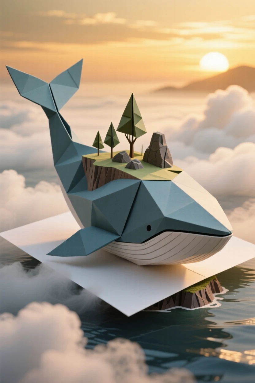 A floating whale-shaped island drifting slowly above a sea of clouds at sunset.