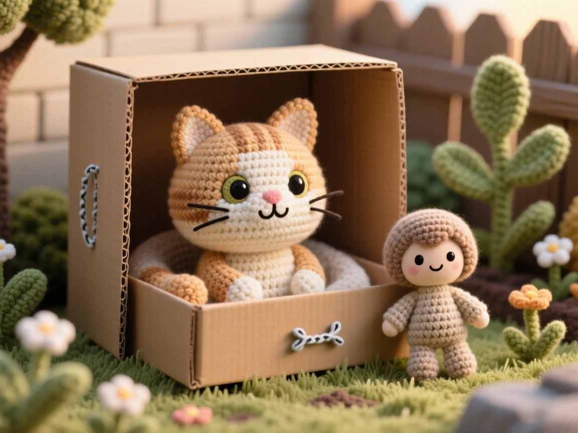 A tender everyday moment: a content cat sitting in an empty cardboard box with a satisfied expression, peeking out over the edge of the box inside a small backyard garden in the late afternoon; a favorite well-loved stuffed toy completes the scene, full of quiet, unhurried domestic peace.