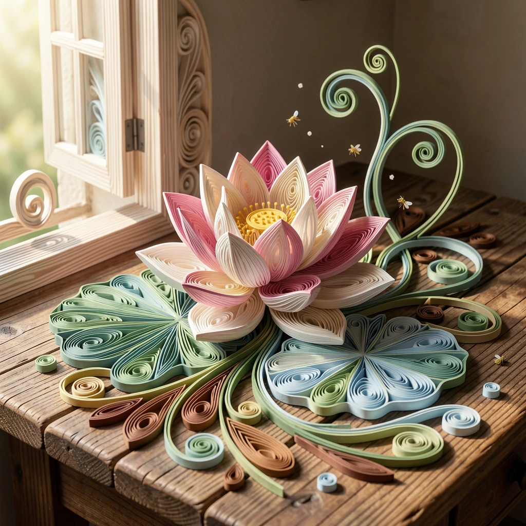 a single blooming lotus flower on still water, on a rustic wooden table near an open window, spread across the frame in a lush, full composition, surrounded by drifting pollen and tiny insects.