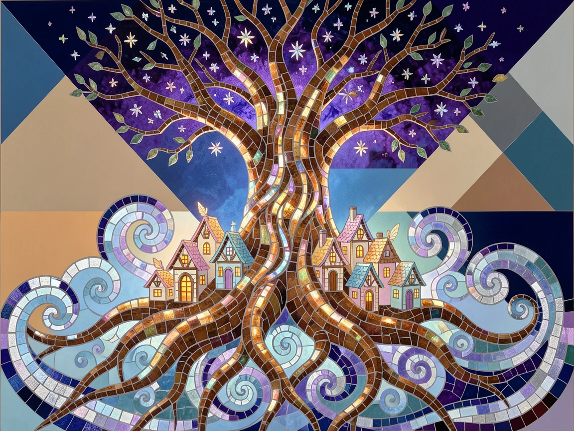 An epic fantasy scene of a fairy village built into the roots of an ancient glowing tree, with swirling mist and glowing highlights.