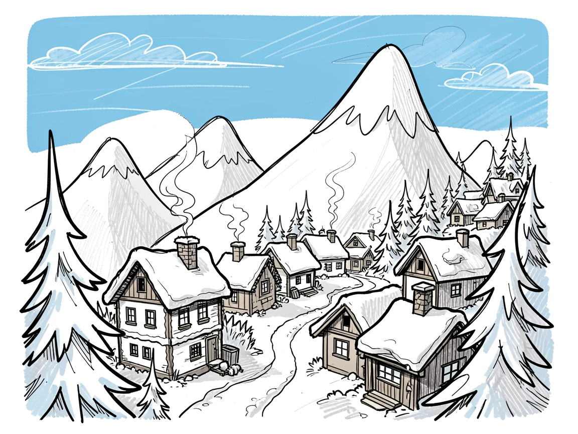 A snow-capped mountain village under a clear blue afternoon sky.