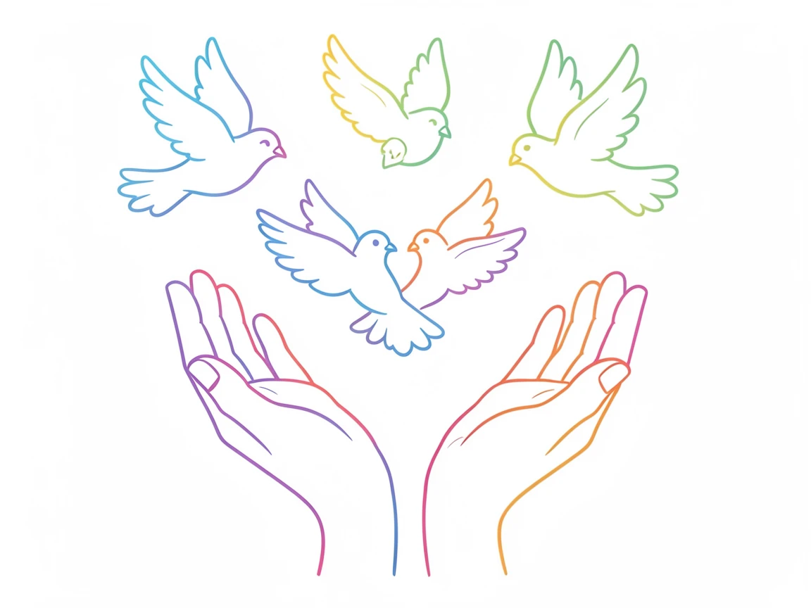 A pair of hands cupped together releasing a flock of doves into the sky.