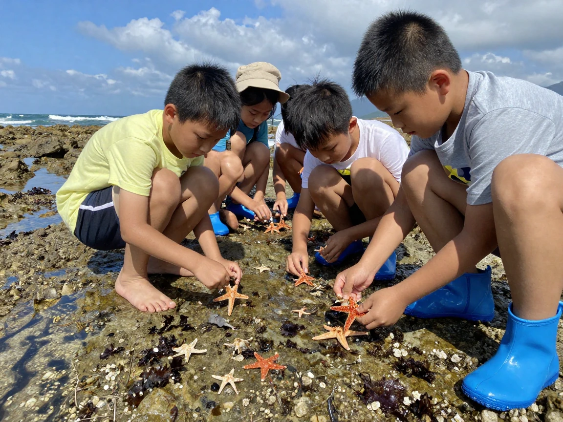 A rock pool exploration with children collecting starfish