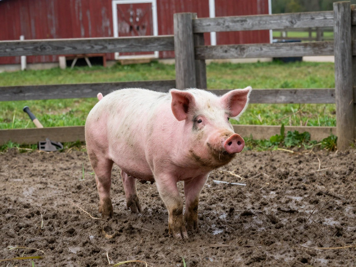 A pig trots happily through mud at a small family farm, ears flopping with each step.