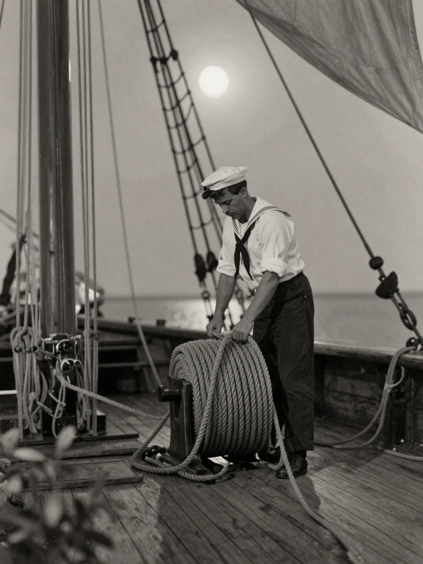 A sailor coiling rope on the deck of an old schooner, under moonlight, with a soft breeze stirring the air, in the height of summer, with stark black-and-white contrast softened by a single warm hue, peering through foliage in the foreground.