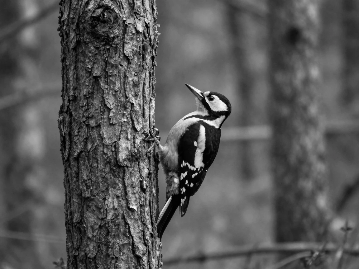 A woodpecker hammers rhythmically into a tree trunk in a quiet forest clearing.