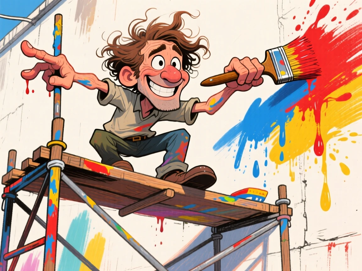 A mural painter balanced on scaffolding, brush loaded with vibrant color.
