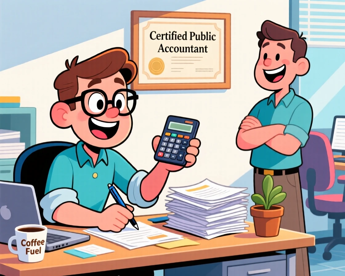 A vibrant profession-themed portrait of a diligent accountant mid-task with sleeves rolled up and tools in hand, with a satisfied customer nearby.