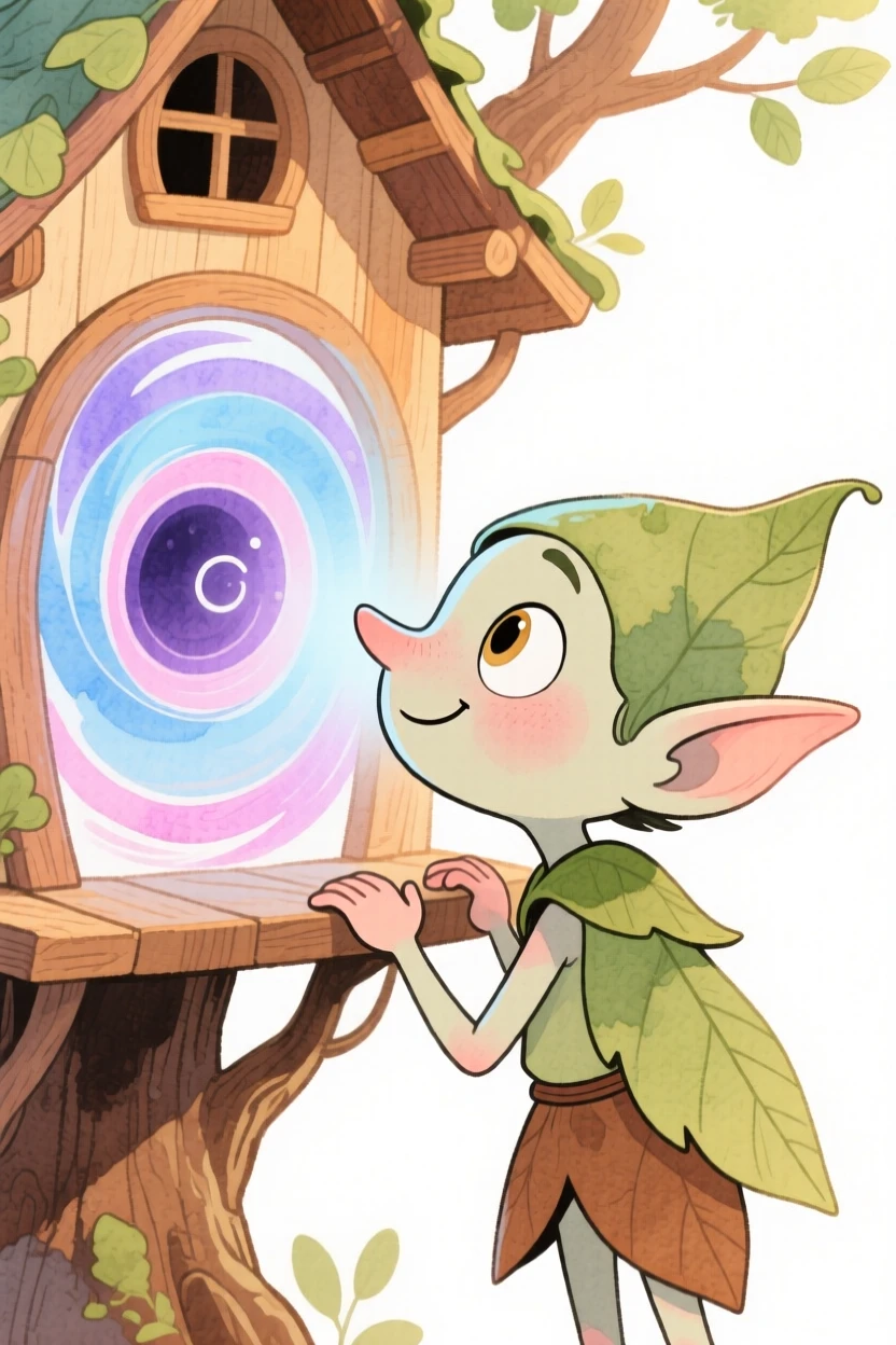 A treehouse-dwelling sprite gazing into a swirling magical portal