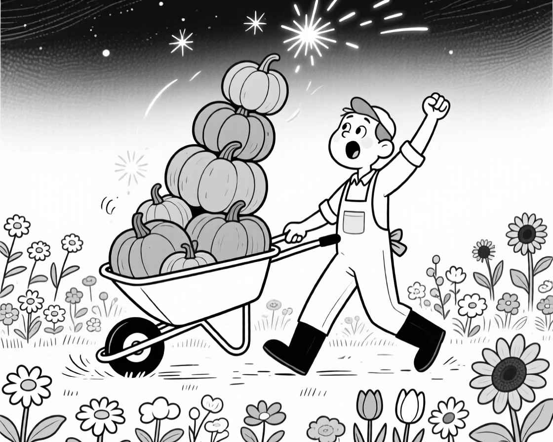 A gardener triumphantly wheelbarrowing a mountain of pumpkins, watching helplessly as the stack tips over, set in a garden bursting with blooming flowers. Sparks drift upward into the night sky. The scene celebrates nature's simple, joyful surprises.