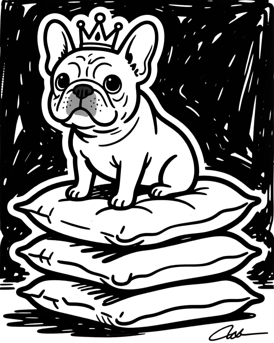 A French bulldog perched proudly on a stack of pillows like a tiny king.