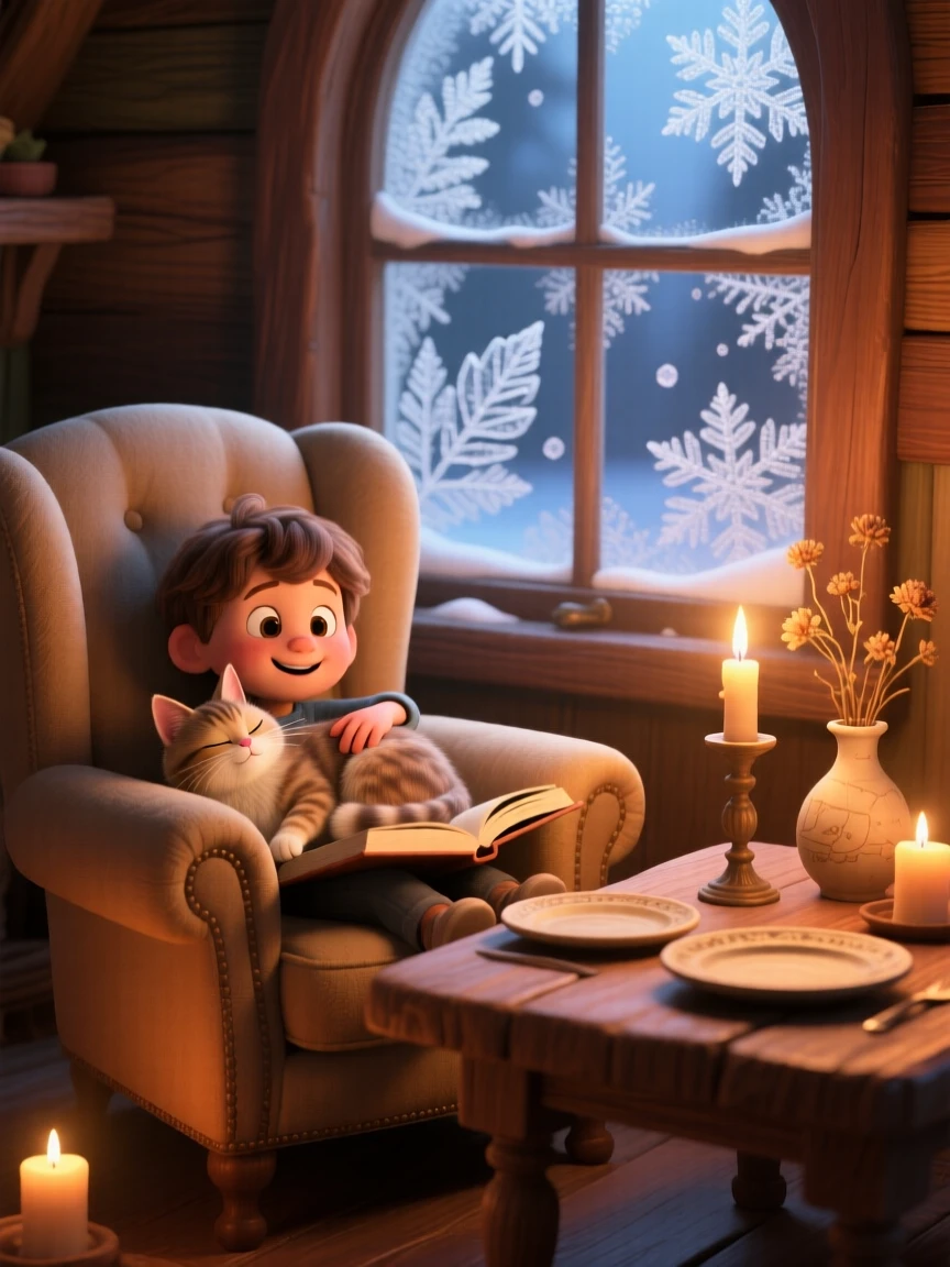 A young reader curled in an armchair sits at a candlelit table set for two, petting a cat curled on their lap. The atmosphere is warm, unhurried, and peaceful, with frost patterns tracing the windowpane.