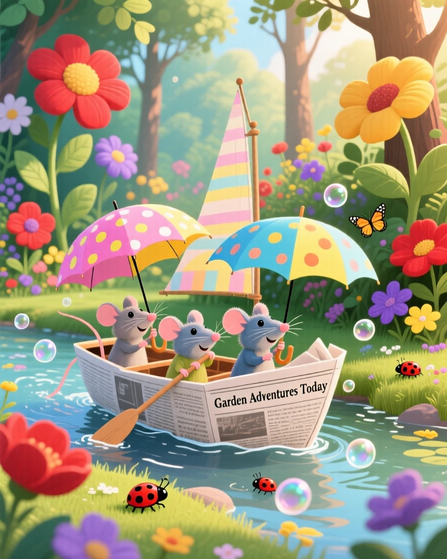 In a garden where flowers grow taller than trees, a group of umbrella-riding mice spends the day sailing a boat made from a folded newspaper, as tiny bubbles drift lazily by.