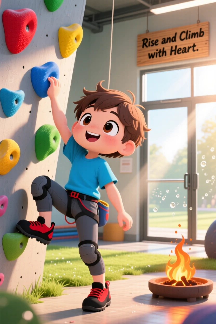 Full-body shot of a young rock climber, reaching for a colorful climbing hold, in a sunny climbing gym, as morning dew glistens on the grass, illuminated by cozy firelight, radiating warm affection.