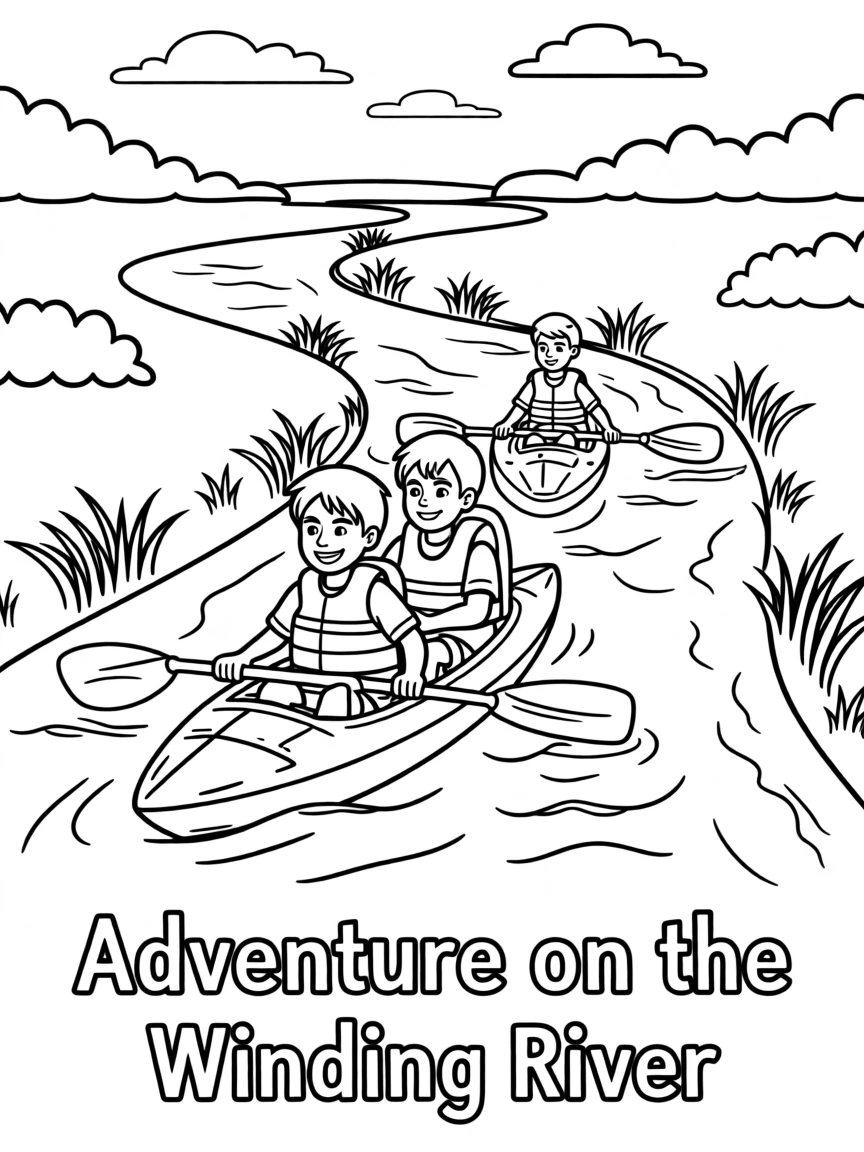A team paddling kayaks through a narrow winding river
