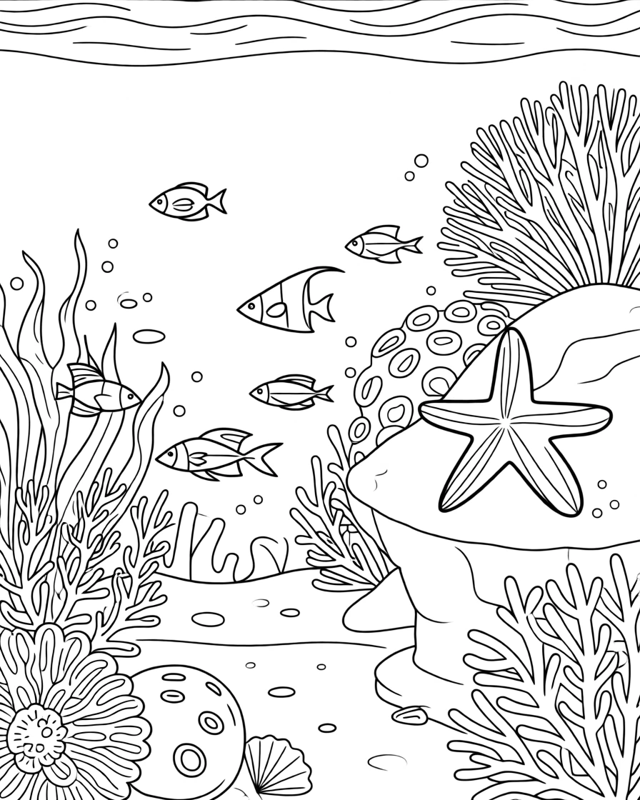 A coral reef teeming with tropical fish, with a starfish resting on a nearby ledge.