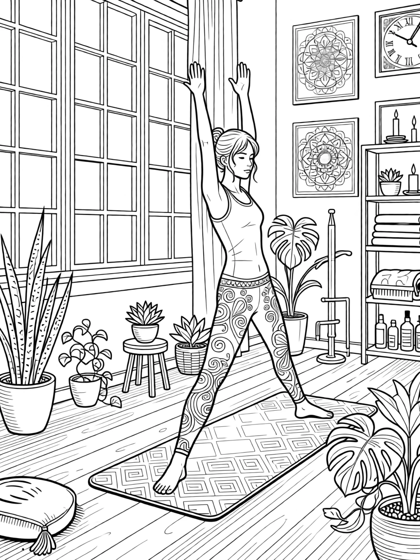 A woman stretching in a sunlit yoga studio surrounded by potted plants.