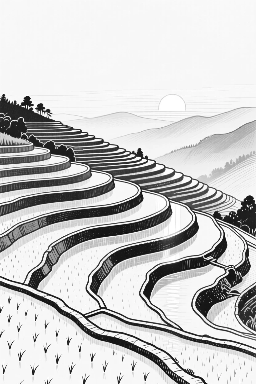 A scenic overlook of terraced rice paddies at sunrise