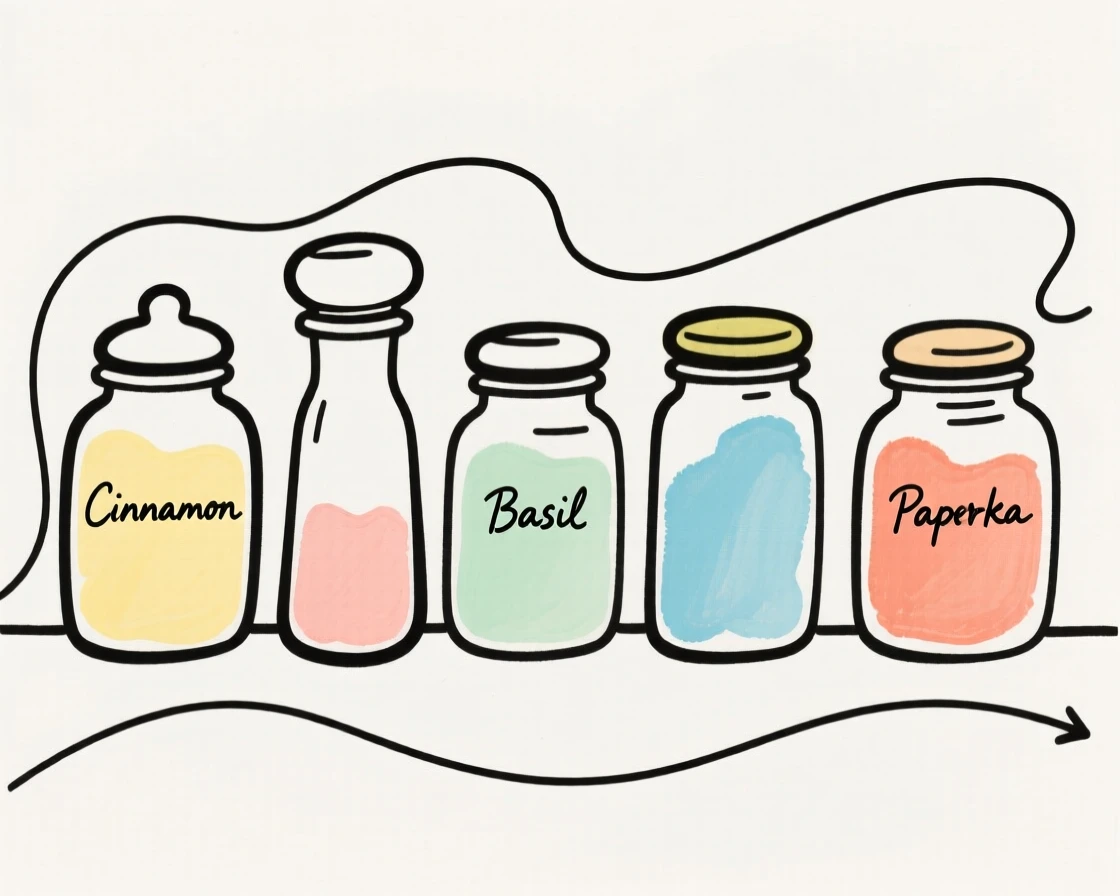A row of spice jars