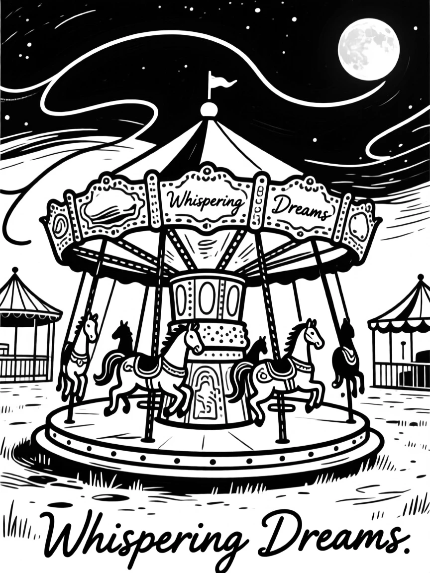 A magical carousel spinning in an abandoned, moonlit fairground.