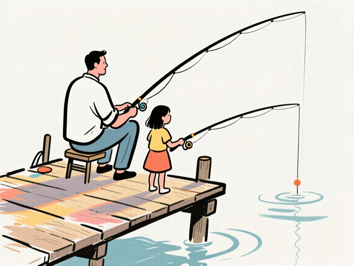 A father and daughter fishing together from a small wooden dock.