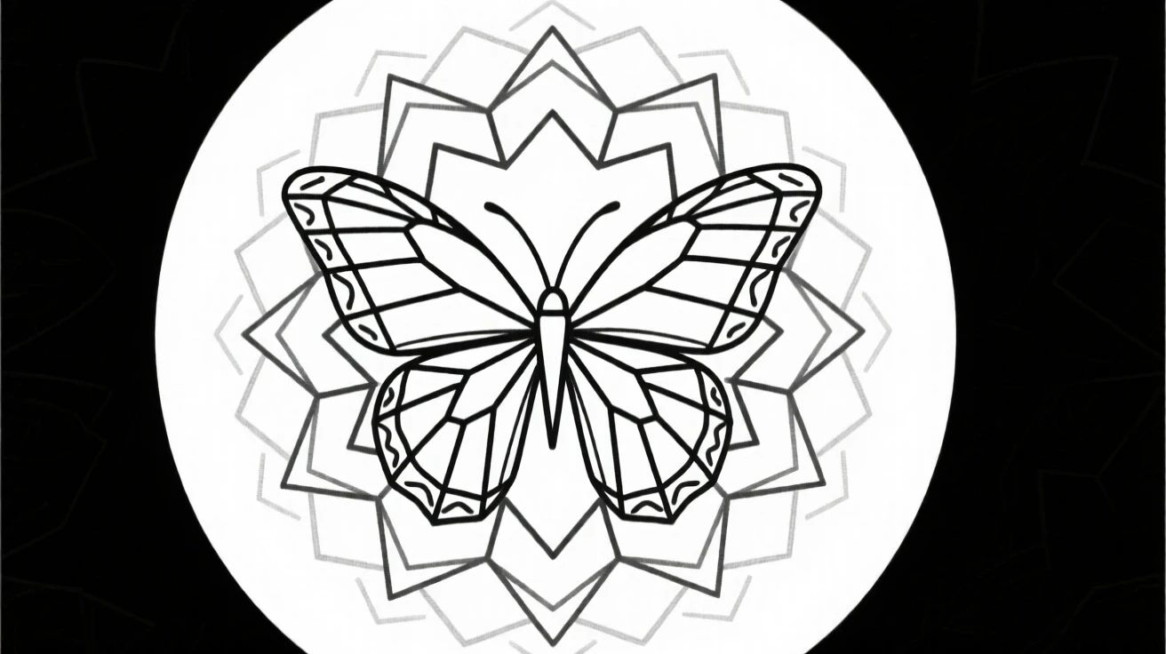 A mandala pattern featuring symmetrical butterfly wings