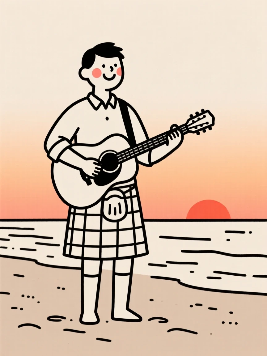 A street of scottish heritage musician playing guitar, smiling warmly, on a sandy beach at sunset.