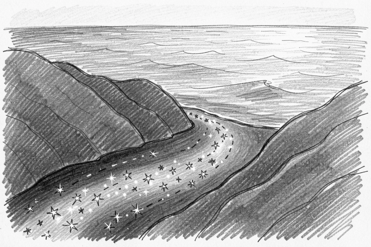 A river of stars flowing through a dark valley, on the edge of an endless starlit ocean, with a trail of sparkling light marking the path.