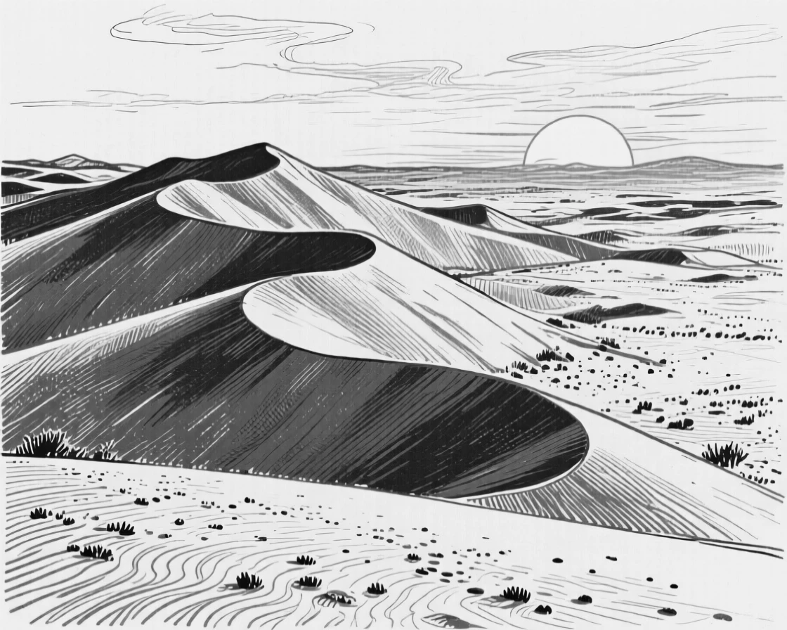 The remote sand dunes of Namibia glowing deep red at sunrise.
