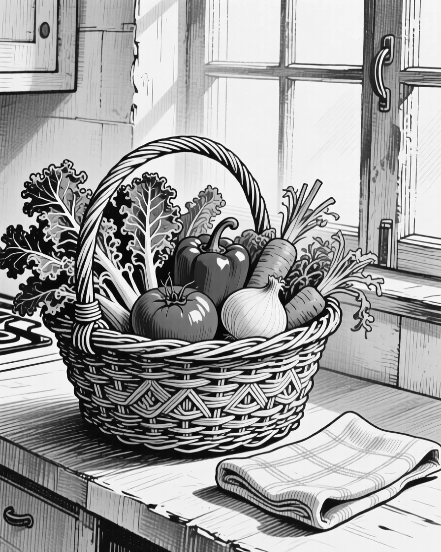 A basket of fresh vegetables from the garden displayed under the soft light of a kitchen window, with a folded linen napkin nearby, presented in a quietly nourishing culinary still life.