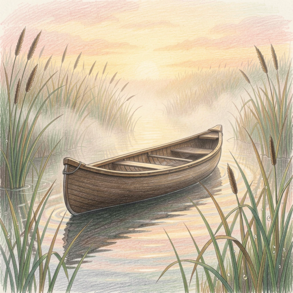 A canoe gliding silently through a misty morning marsh, bathed in the warm glow of golden-hour light, evoking warmth, beauty, and a lasting sense of wonder.