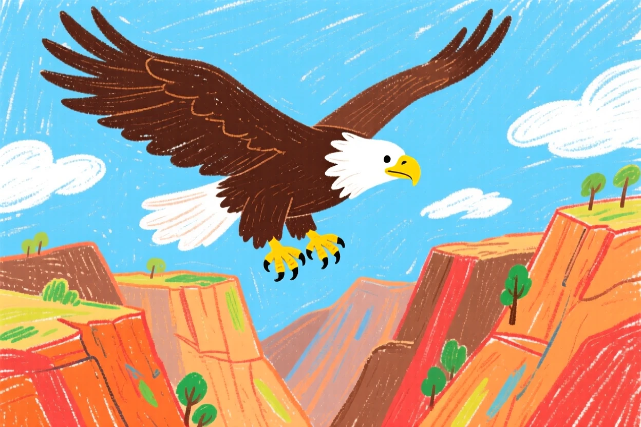 A bald eagle soaring above a rugged mountain canyon.