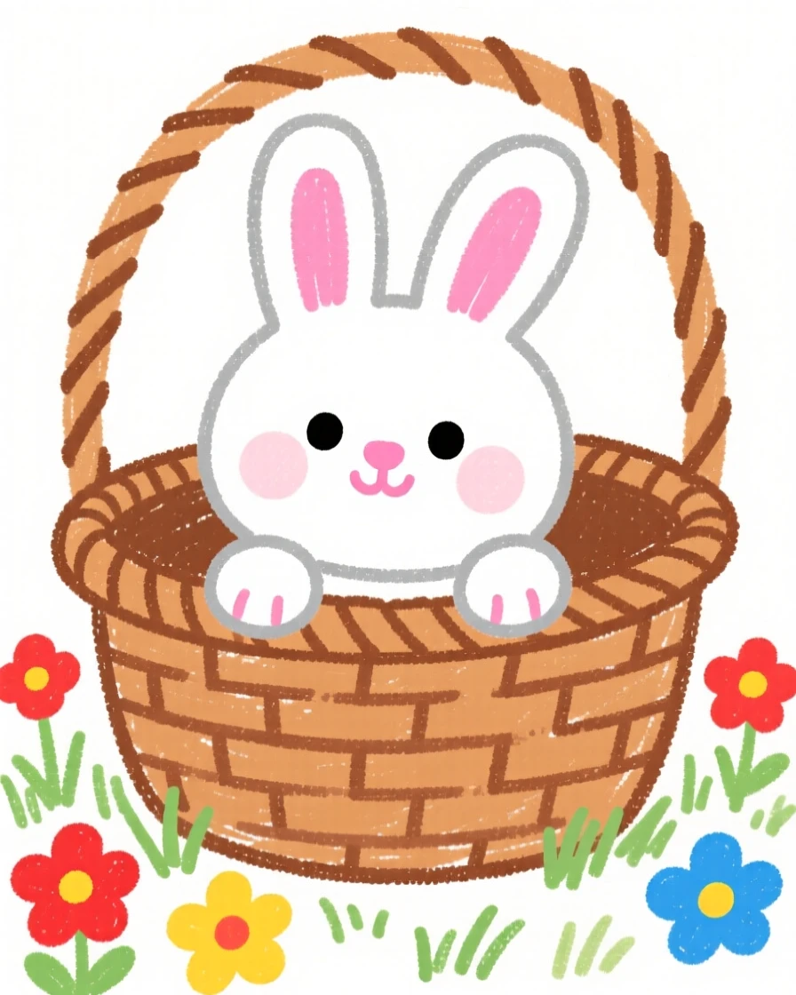 A small white rabbit peeking out of a wicker basket.