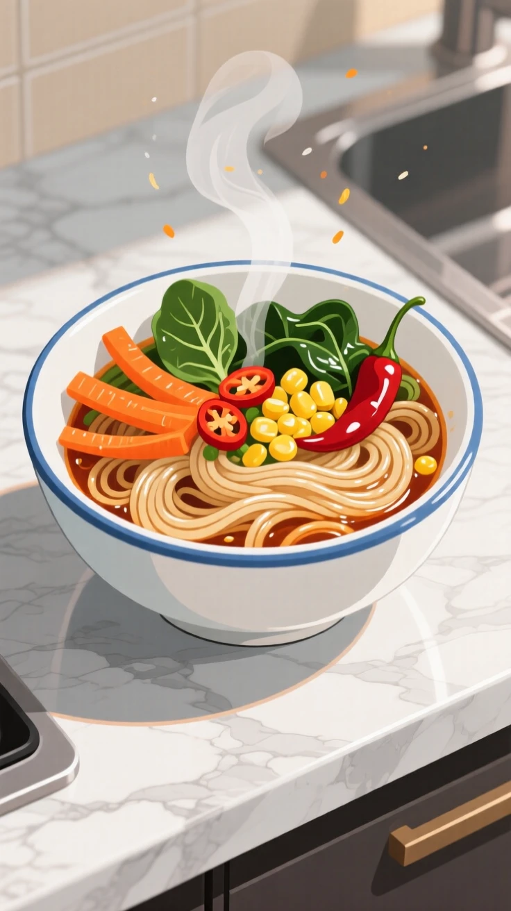A bowl of ramen noodles with vibrant vegetable toppings, placed atop a marble kitchen counter, framed closely to emphasize glossy, fresh textures, with a joyful, celebratory feel.