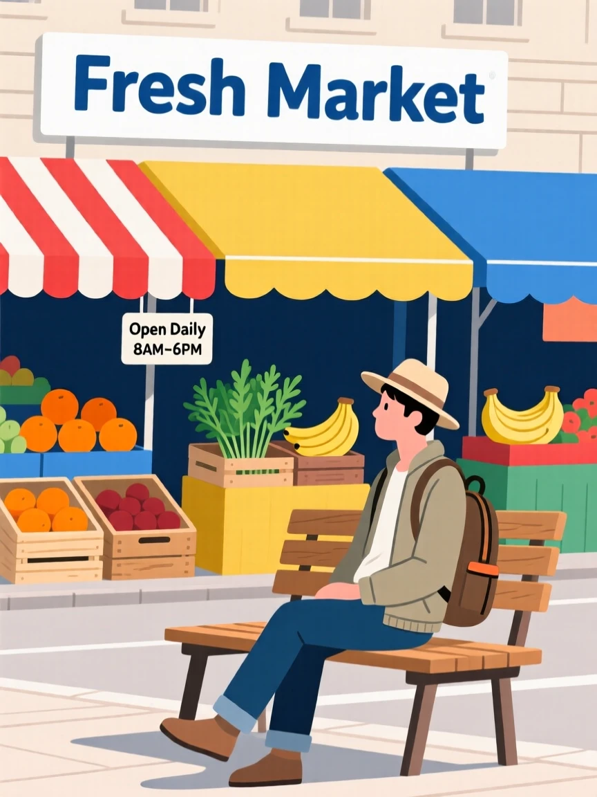 A traveler resting on a bench near a colorful market street.