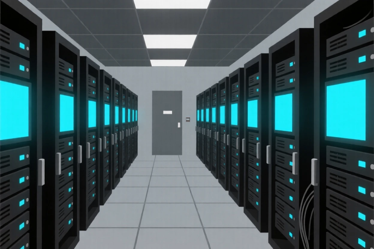 A server room with rows of glowing equipment