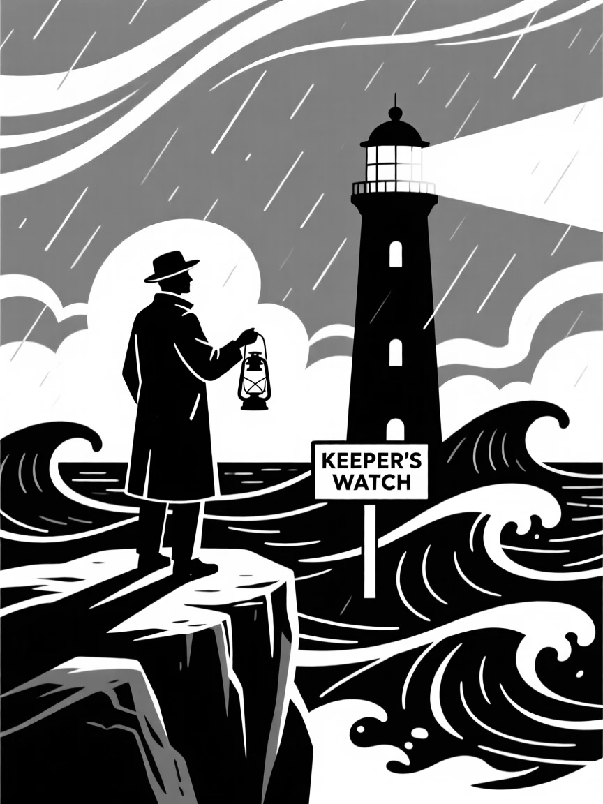 A lighthouse keeper watching over a stormy sea.