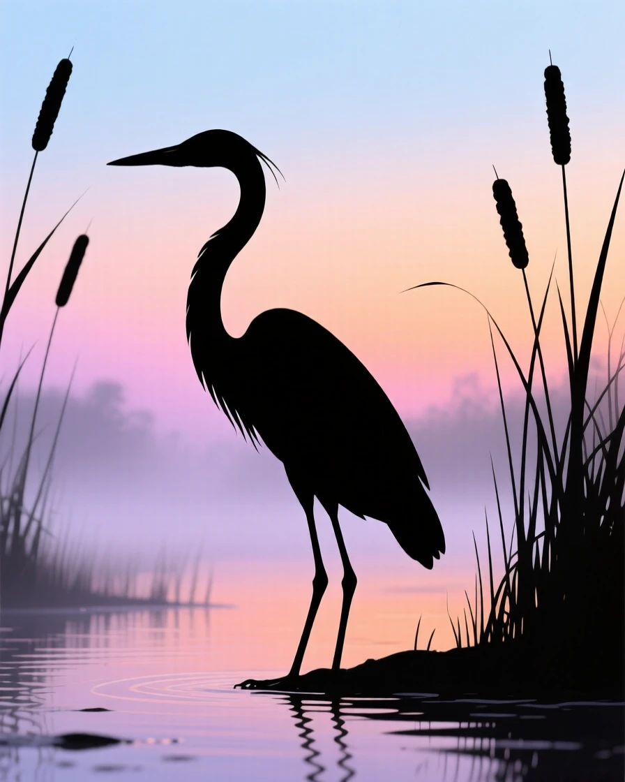 A single heron standing frozen at the edge of a foggy marsh.