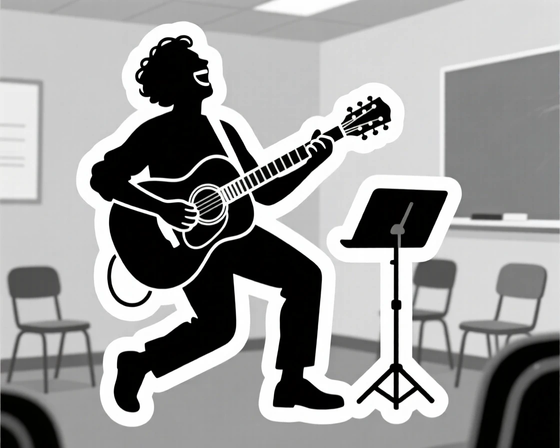 A completely absorbed musician playing an acoustic guitar, captured mid-motion during their favorite activity, in a small community class setting.