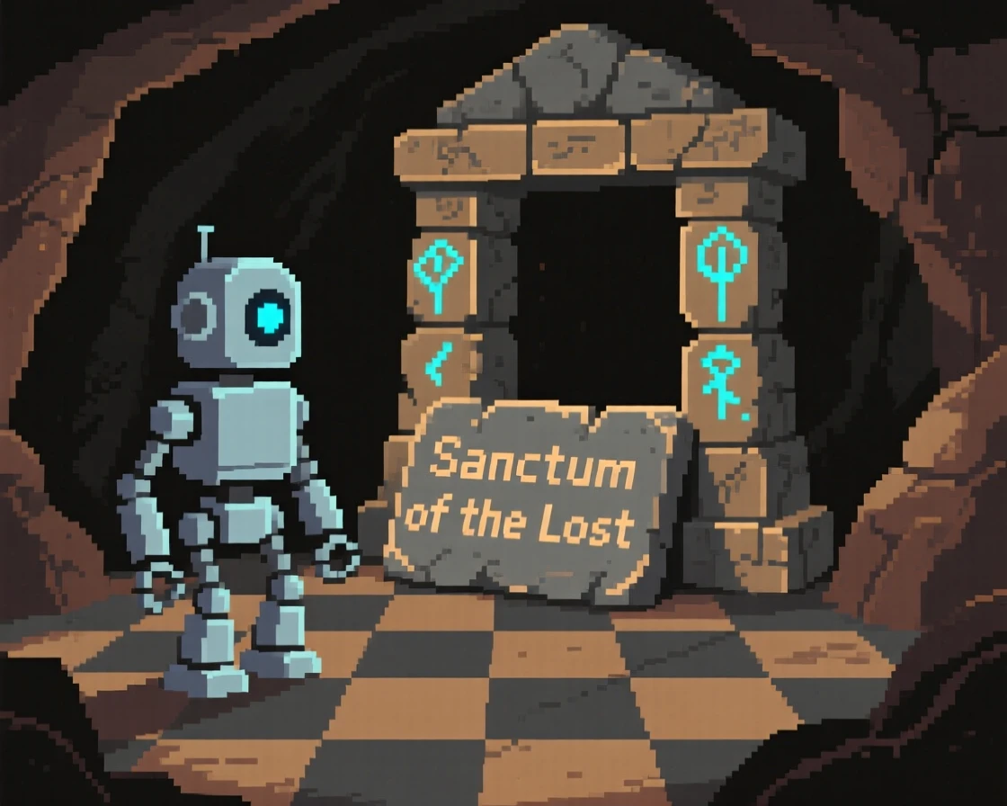A robot companion discovering a hidden shrine deep underground, on a checkerboard battlefield of tiles.