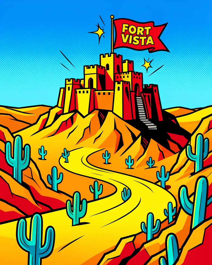 A hilltop fortress overlooking a winding desert valley