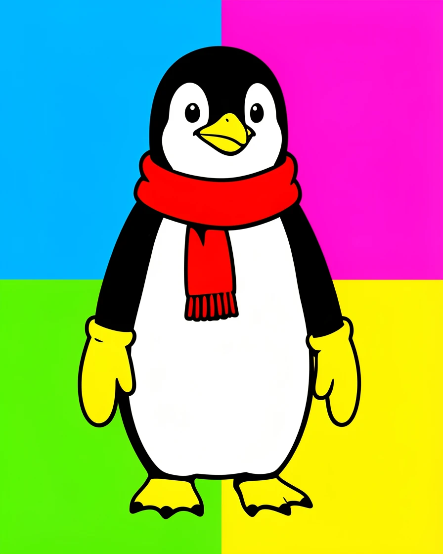 Penguin wearing a tiny scarf and mittens