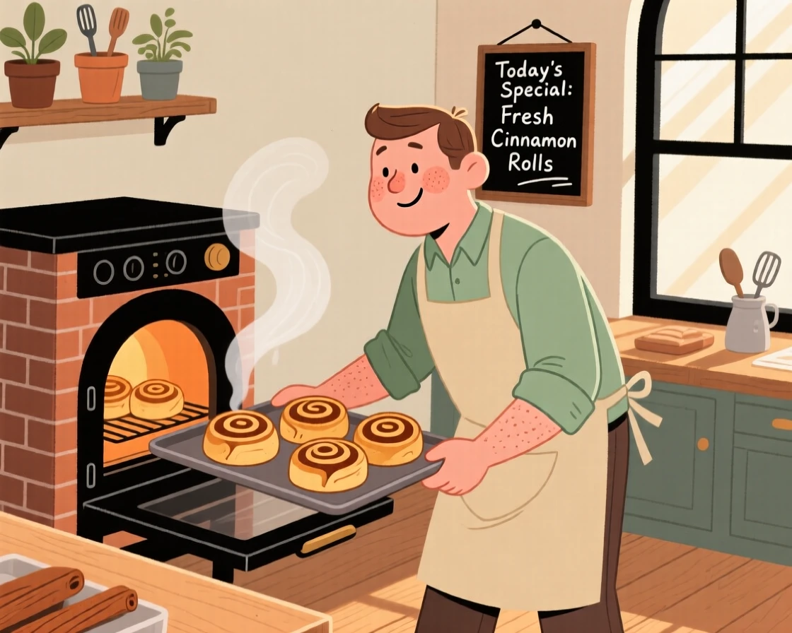 A father pulls a tray of cinnamon rolls from the oven in a small bakery, steam rising as sunlight streams through the window.