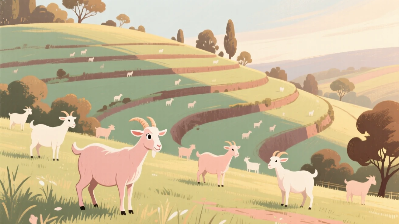 A field of grazing goats on a terraced hillside farm