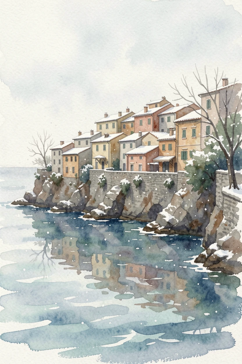 A cliffside town overlooking the Mediterranean during the first snow with reflections shimmering in the water below.