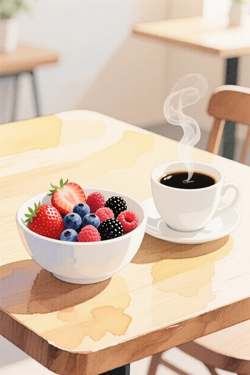 A bowl of fresh berries sits next to a steaming cup of coffee in a sunlit café, arranged beautifully for a delightful meal