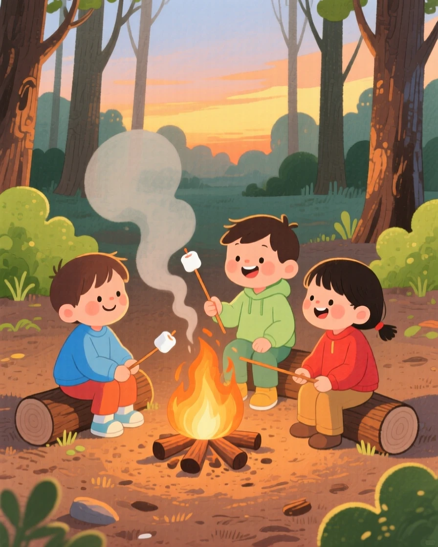A heartwarming moment showing children roasting marshmallows around a campfire.