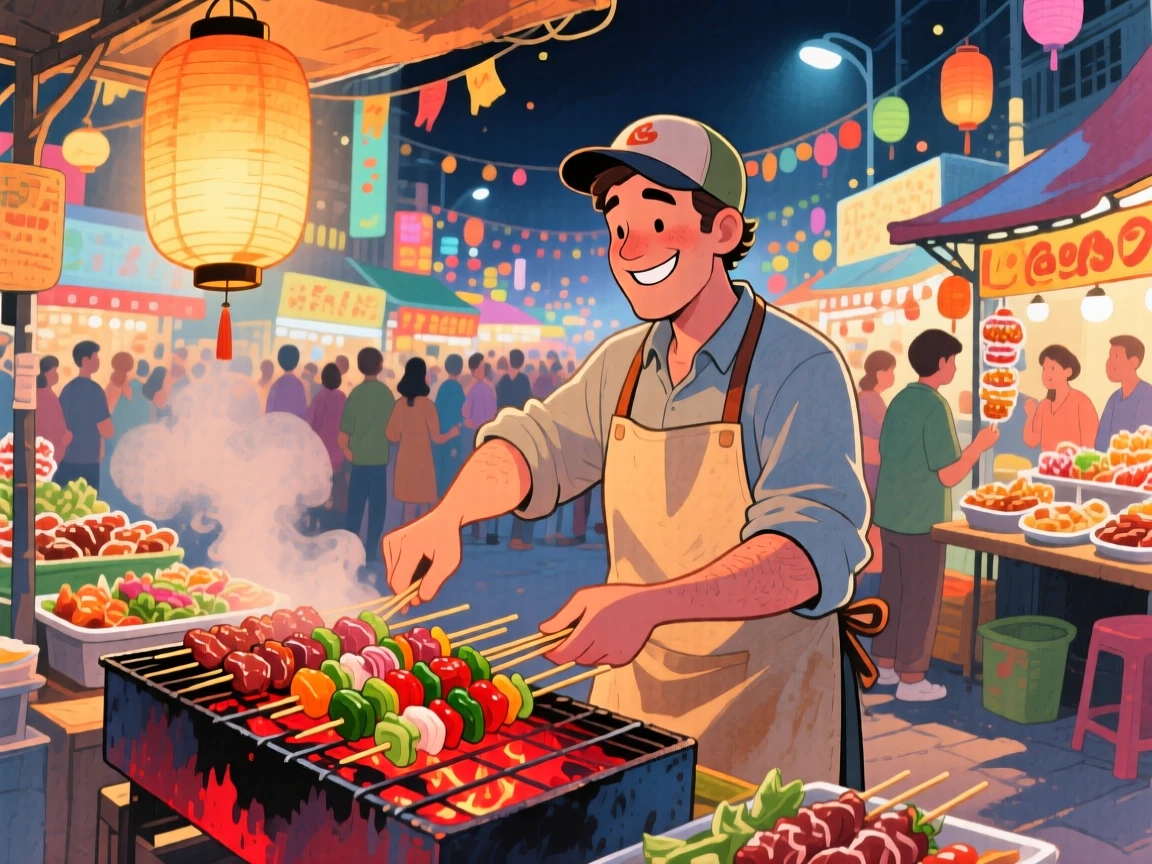 A street vendor grilling skewers over glowing coals at a night market, brimming with festive, mouthwatering delight.