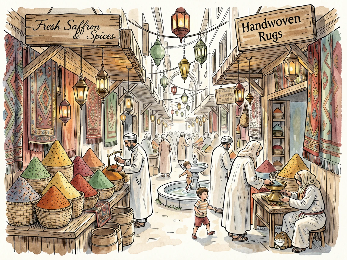 A busy souk lined with lanterns, rugs, and stacks of spices, small details of daily life scattered throughout the setting.