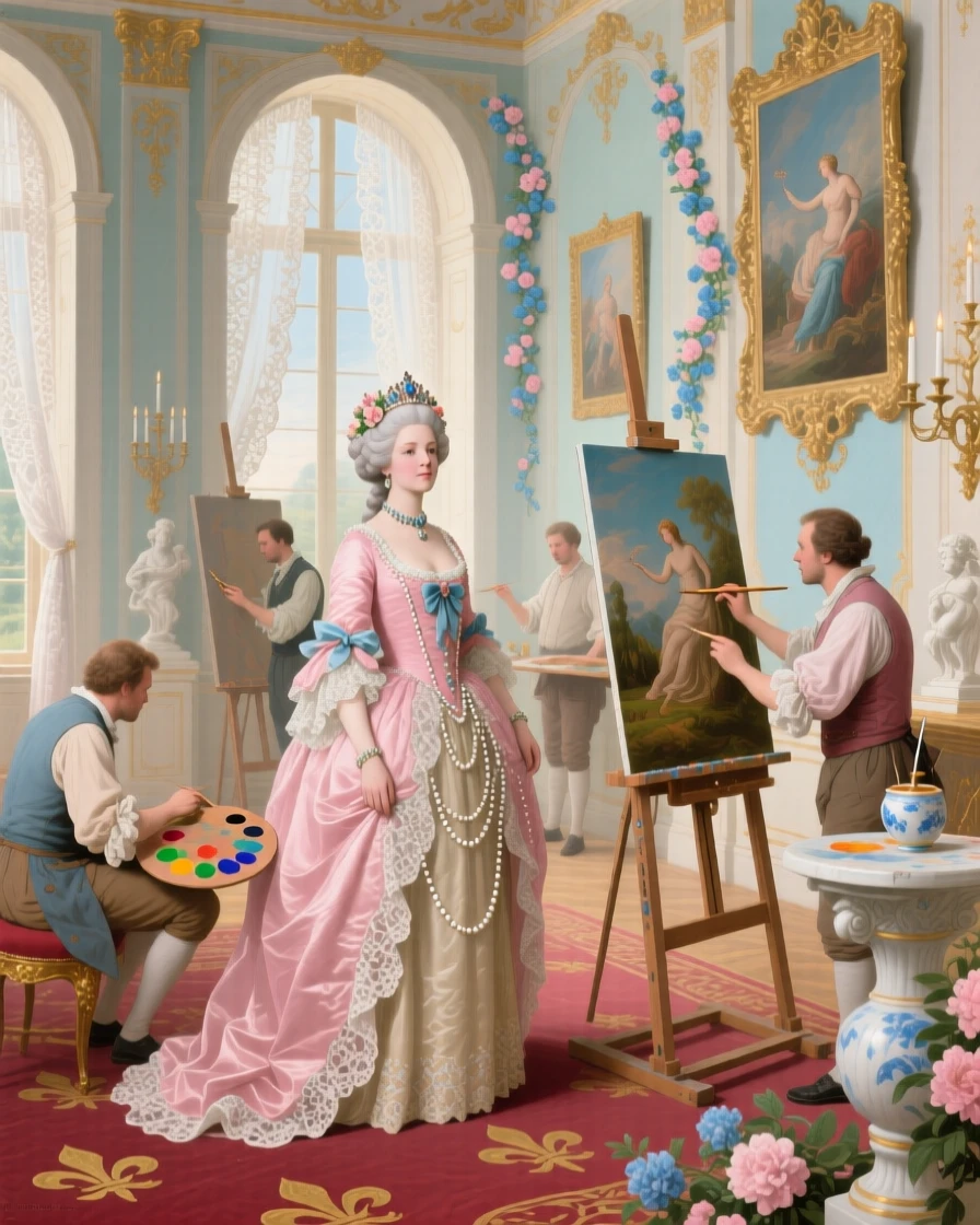 A queen observing painters at work in the palace gallery  